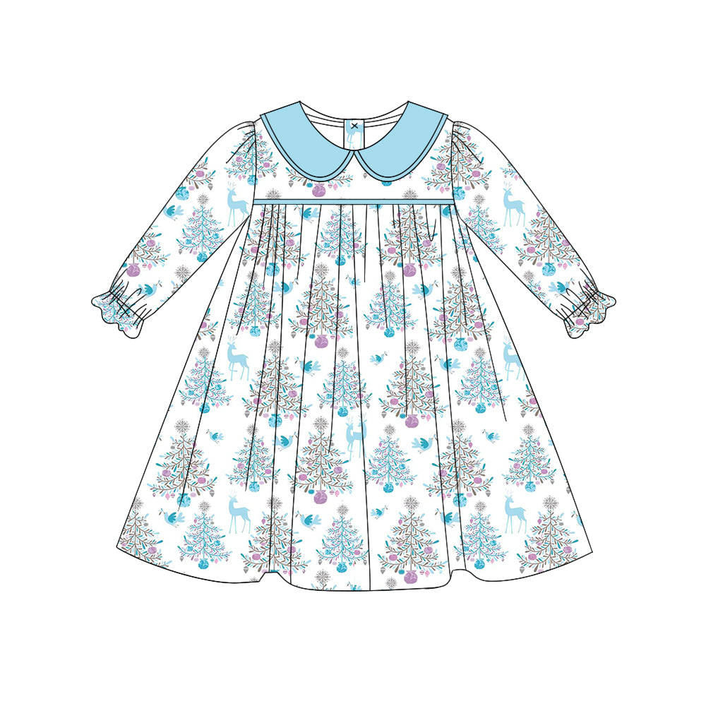 7.1 custom each style moq 5eta 4-6week Sibling Sister Christmas trees blue baby girls sets and dress match family design