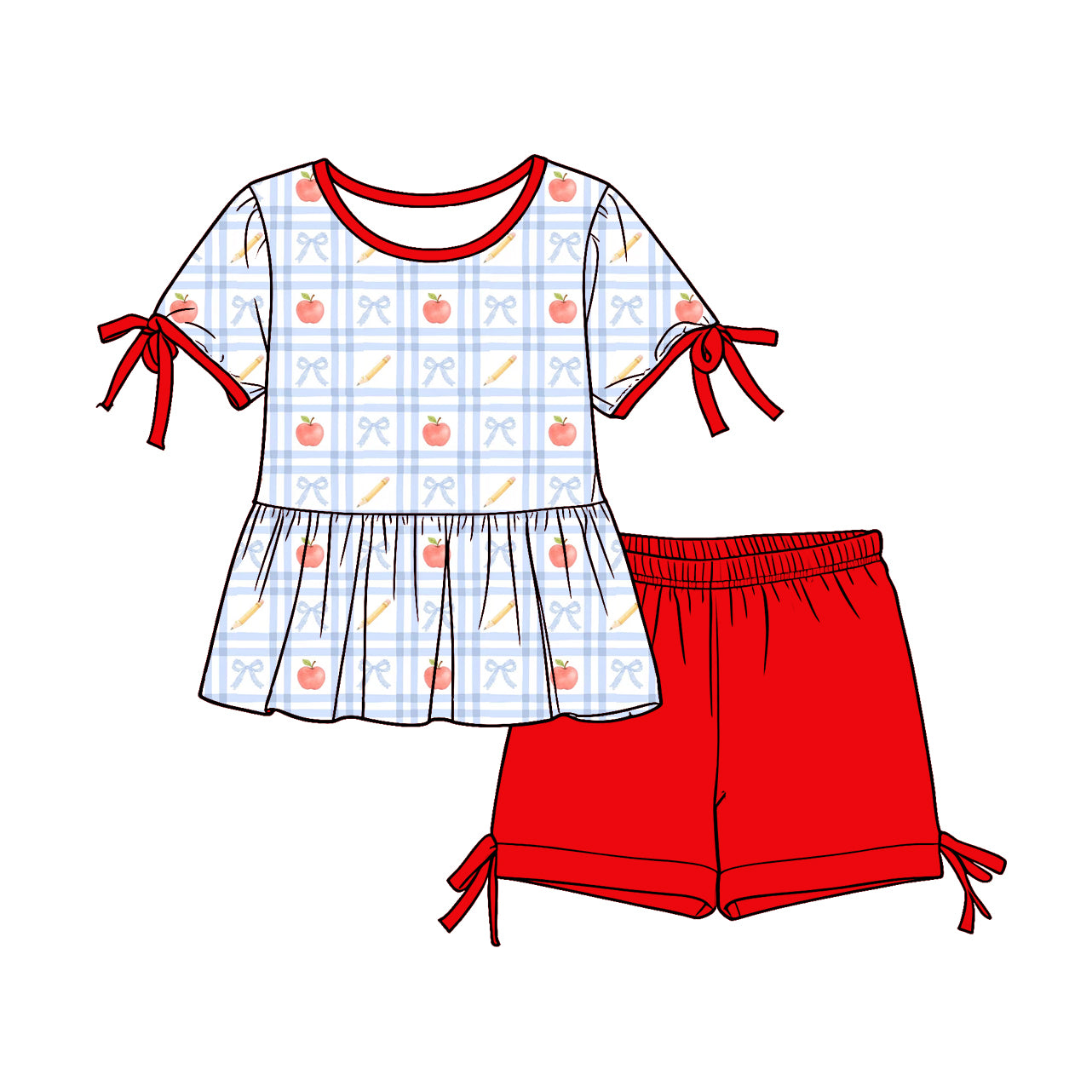 Custom moq 5 mix size Baby Girl Back To School Short-Sleeved Top And Red Shorts Set Cute And Comfortable Clothing