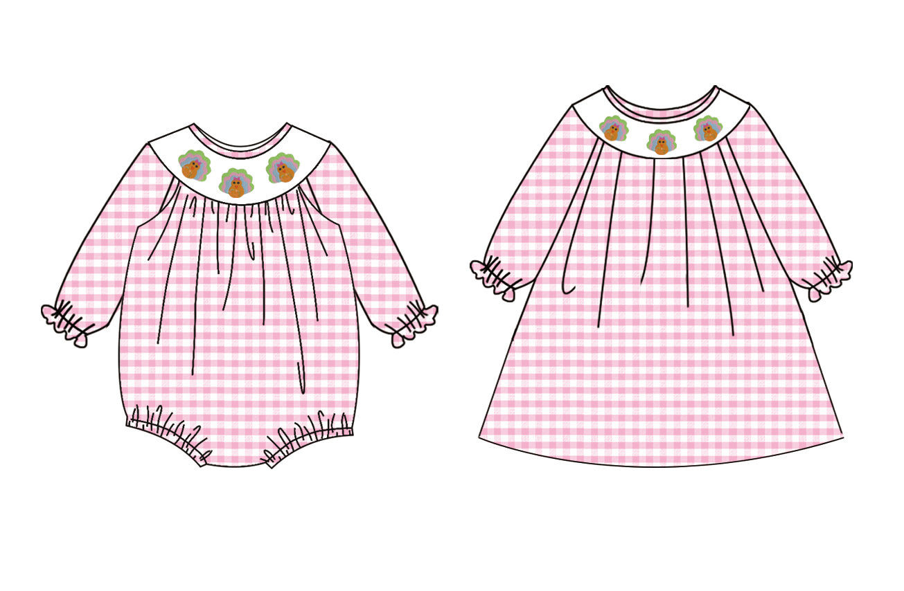 25.7.8 custom each style moq 5eta 4-6week Sibling Sisters turkey pink baby girl long sleeve dress and rompers match family design