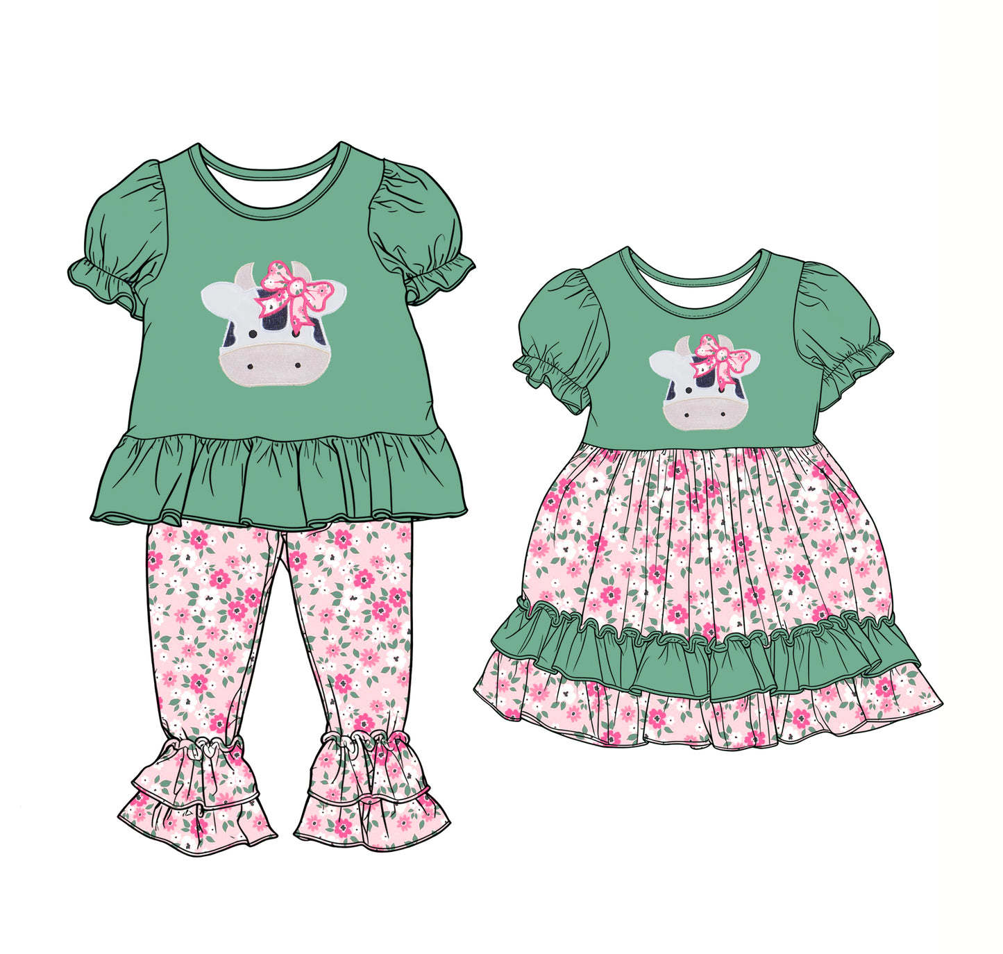 25.12.11 custom each style moq 5 eta 6-8week Sibling Sister cow bow floral baby short sleeve pants sets and dress match design