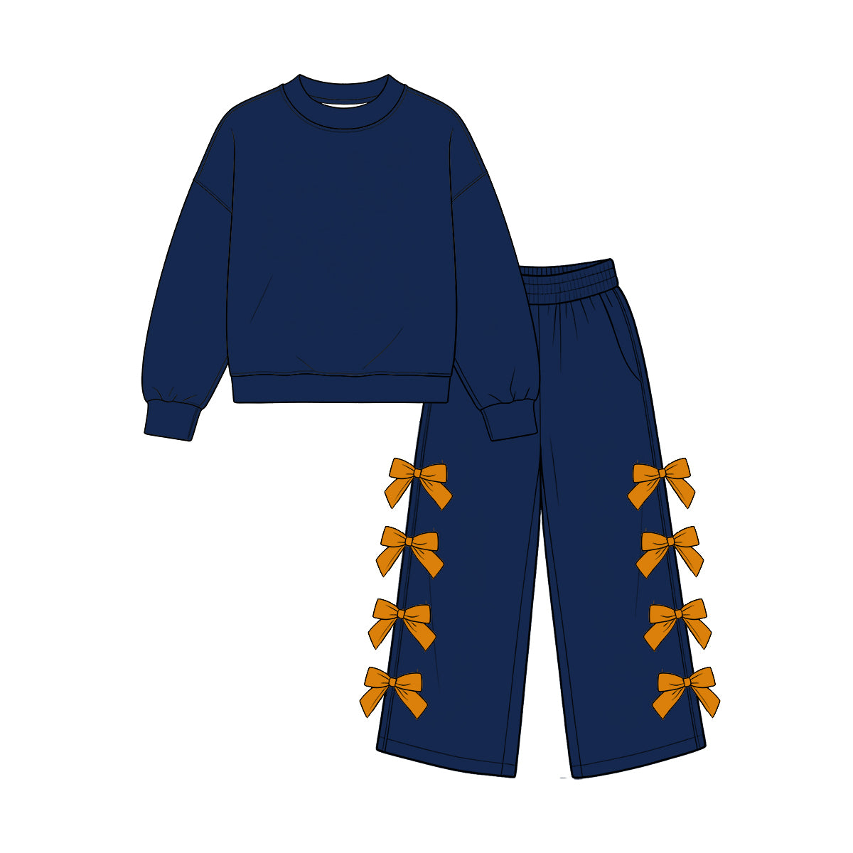 custom moq 5 mix size Baby Girls Navy Long Sleeve Pullover Top And Bow Wide Leg Trouser Outfit