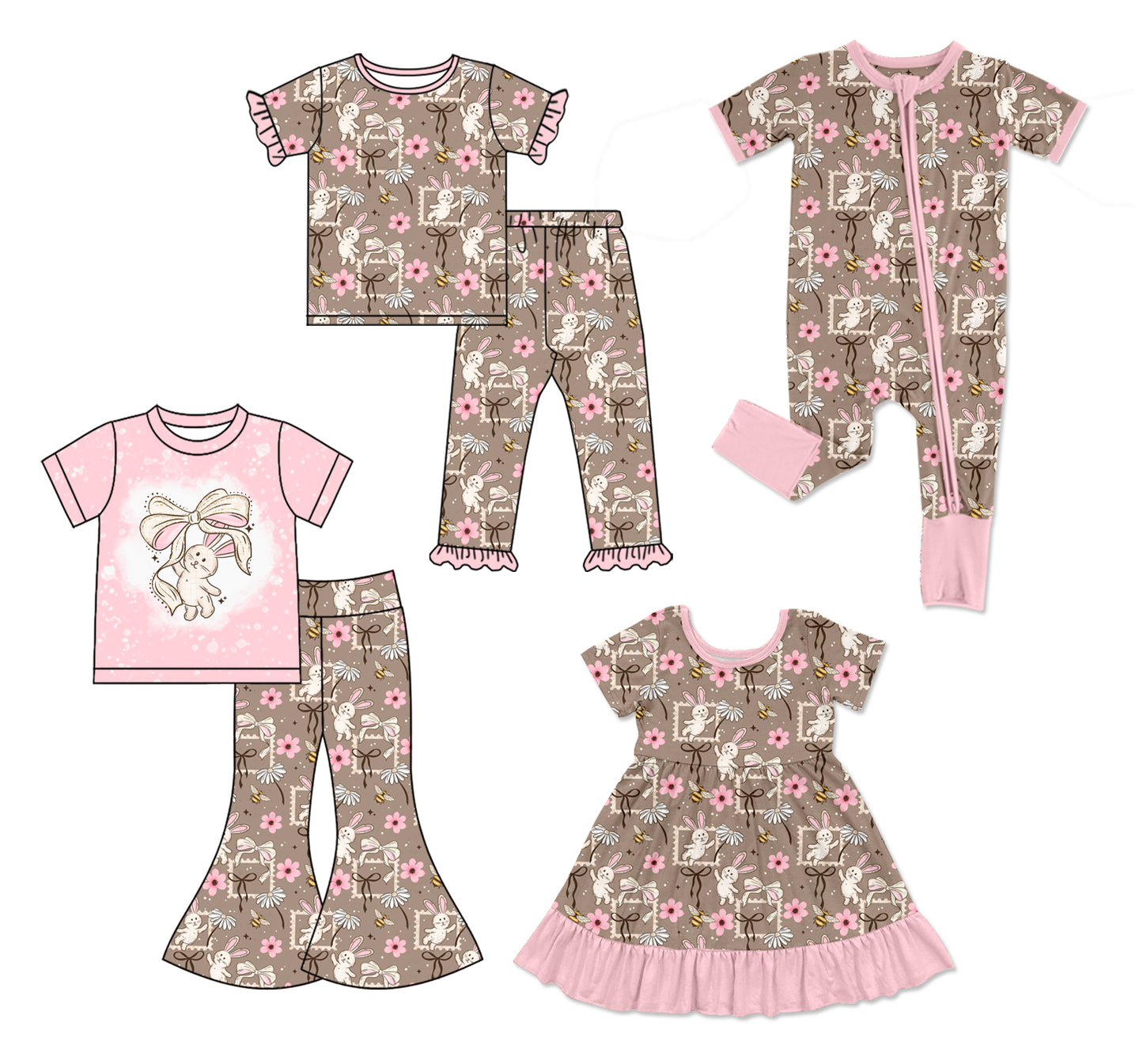 26.1.24 custom each style moq 5 eta 6-8week Sibling Sisters bunny floral baby girl short sleeve pants sets 2 and dress and rompers match family design