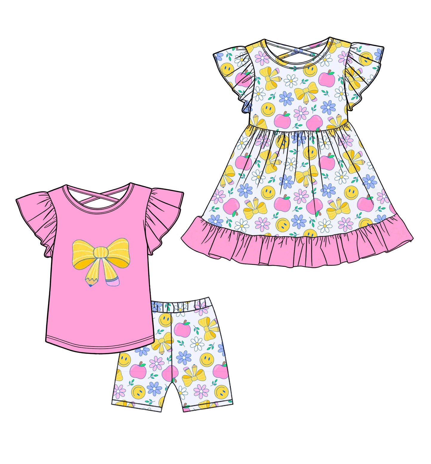 25.12.24 custom each style moq 5 eta 6-8week Sibling Sister pencil bow smiley baby short sleeve shorts sets and dress match design