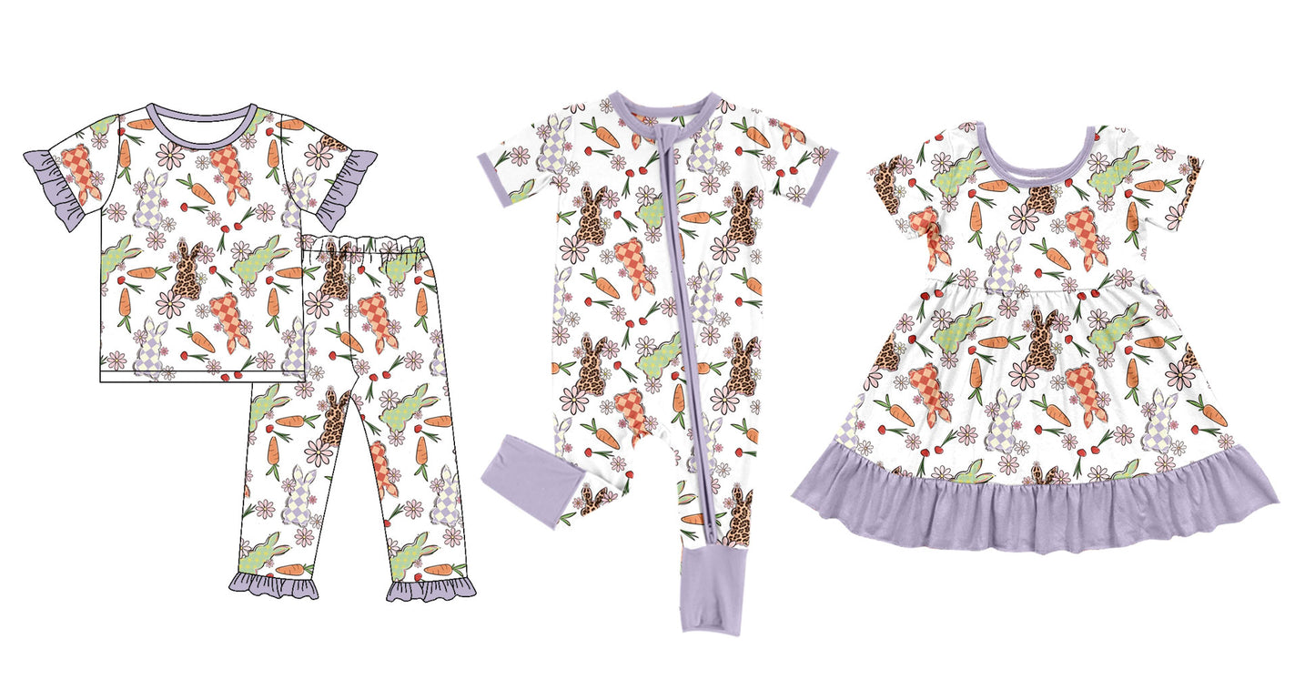 25.10.1 custom each style moq 8 eta 6-8week Sibling Sisters easter bunny baby girl short sleeve pants sets and dress and rompers match family design