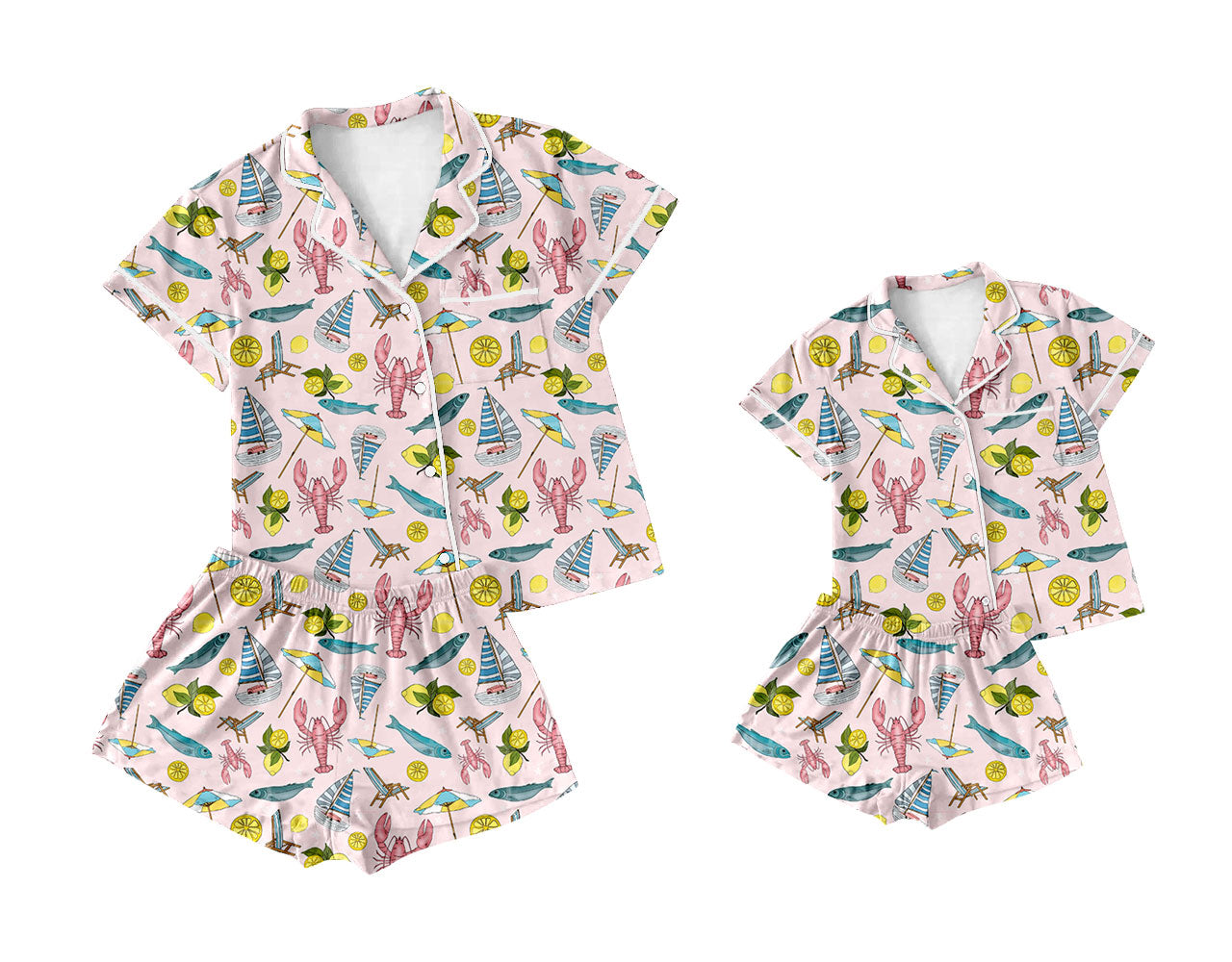 25.11.10 custom each style moq 5 eta 6-8week Sibling Sister lobster short sleeve shorts sets and adult set match design
