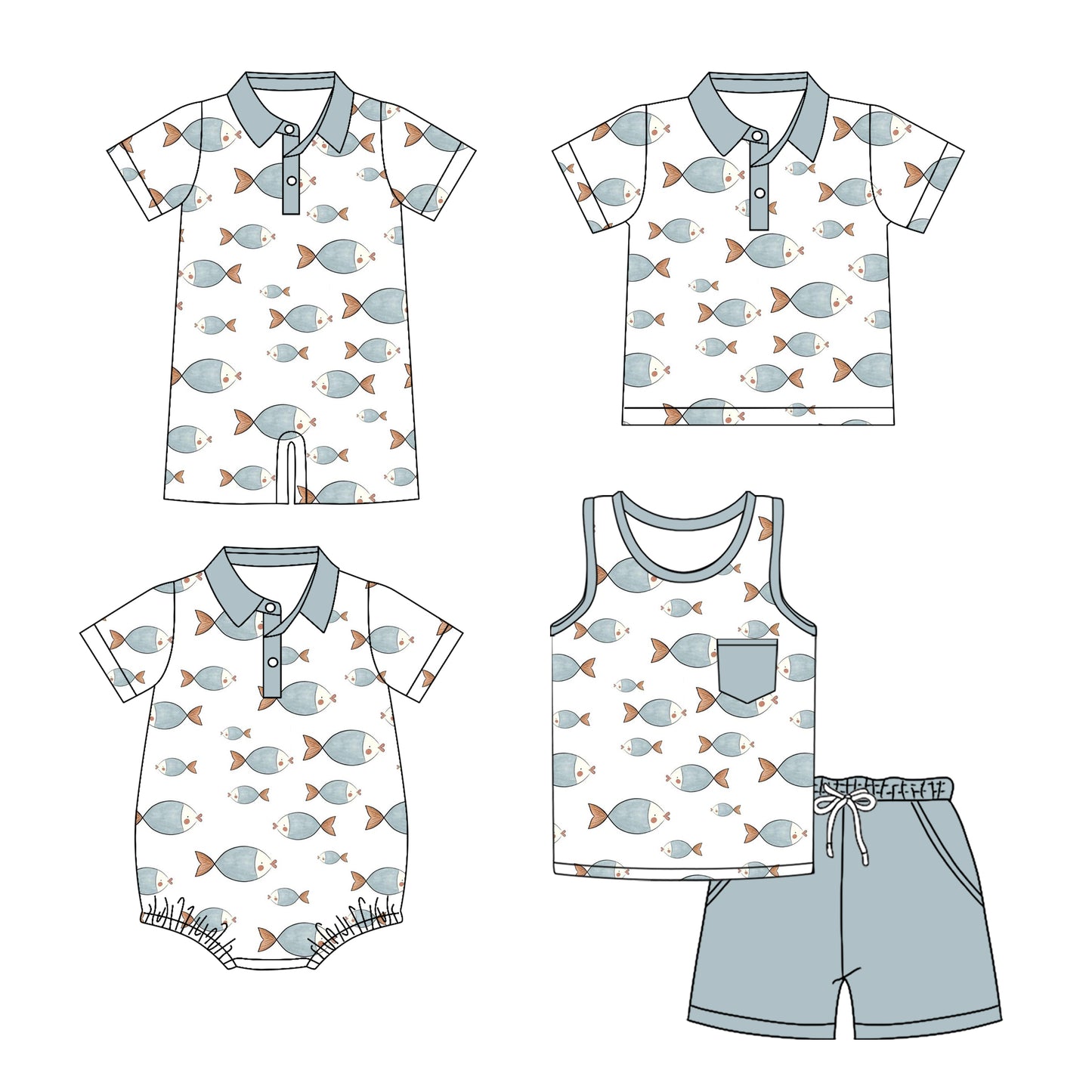 25.12.2 custom each style moq 5 eta 6-8 week Sibling Sister fishing baby boy short sleeve shorts sets and boy rompers 2 and top match family design