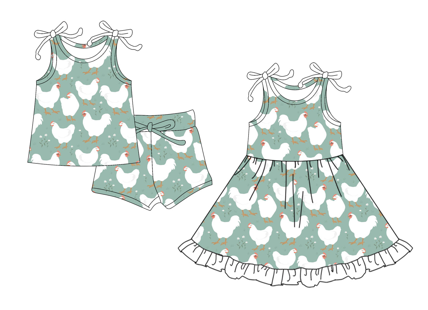 4.14 custom each style moq 5eta 4-6week Sibling Sister hen baby girl short sleeve shorts sets and dresses match design