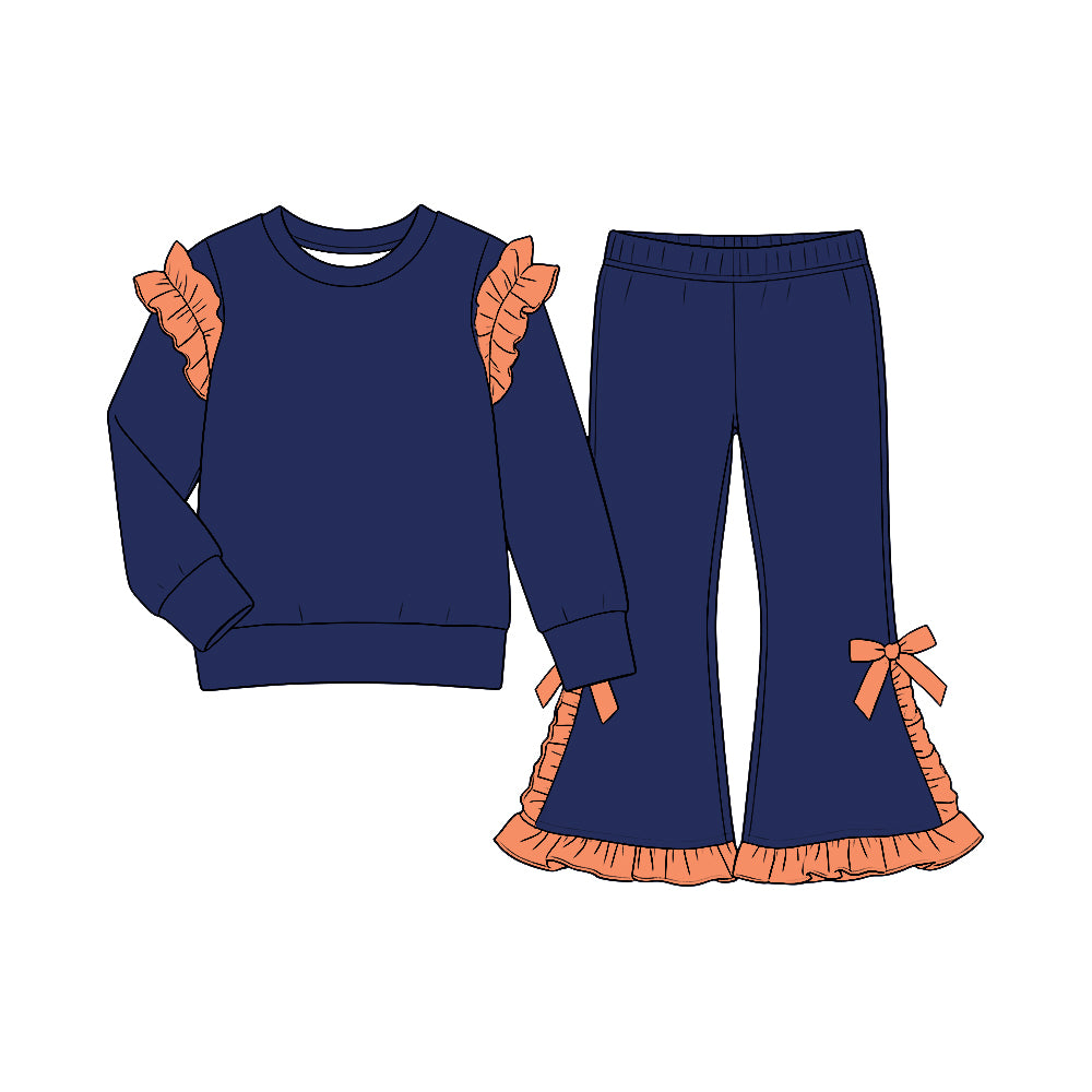 custom moq 5 mix size Baby Girls Navy and Orange Solid Ruffle Shoulder Sweatshirt And Ruffle Hem Bow Flare Pant Set