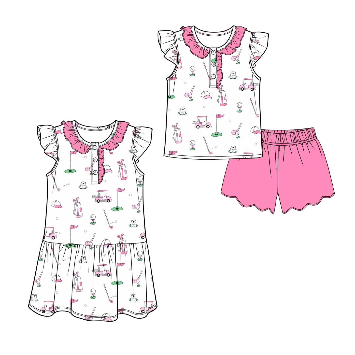 3.13 Custom moq 5 mix size Sibling Baby Girl's White Golf Top with Flying Sleeves And Pink Shorts Set White Dress with Flying Sleeves