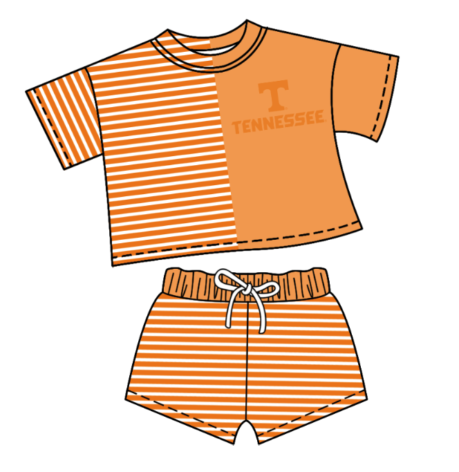 Custom moq 5 mix size milk silk summer teams Children's orange Striped Outfit Set Short-Sleeved Crew Neck Top And Drawstring Shorts for Kids