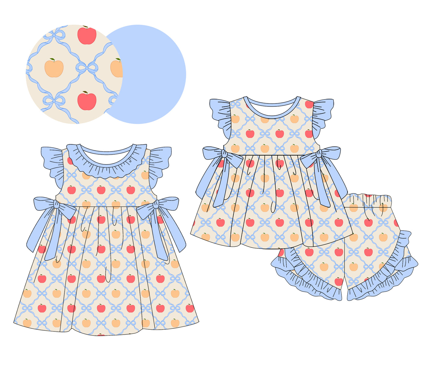 26.1.23 custom each style moq 5 eta 6-8week Sibling Sister apple bow baby short sleeve shorts sets and dress match design