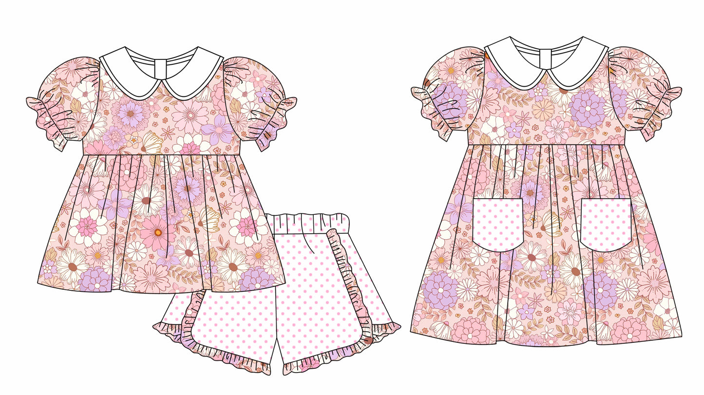 11.3 custom each style moq 5eta 4-6week Sibling Sister floral baby girl short sleeve shorts sets and briefs sets and dresses match design