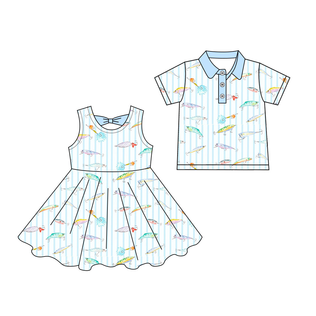 3.5 Custom moq 5 mix size Sibling Blue Striped Sleeveless Knee-Length Dress for Girl Matching Short-Sleeved Polo Shirt for Boy