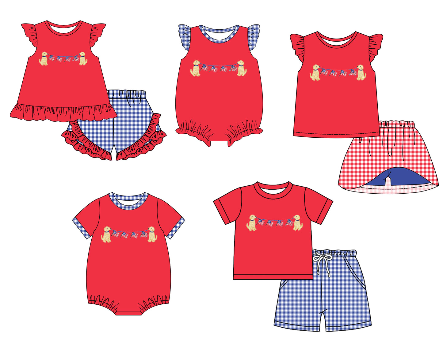 11.30 custom each style moq 5eta 4-6week Sibling Sister 4th of july puppy red baby girl short sleeve shorts sets and sets 2 and girls romper and boy romper and dress match design