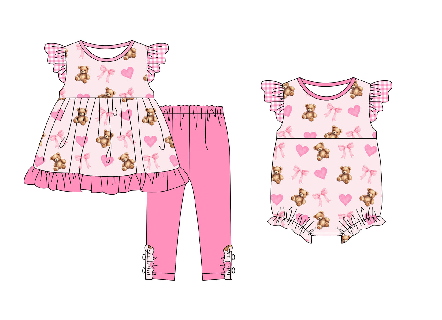11.15 custom each style moq 5eta 4-6week Sibling Sister love bear bow pink baby girls short sleeve sets and rompers match design