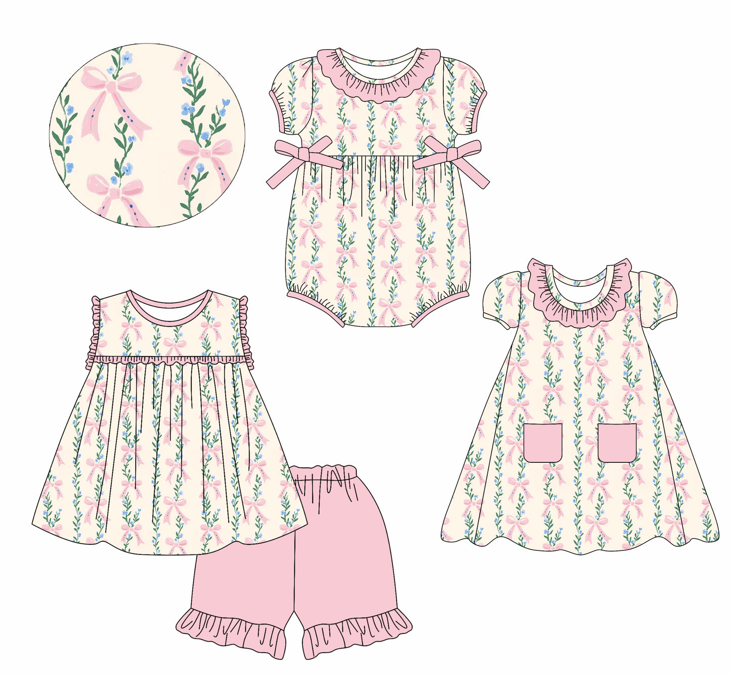 2.22 custom each style moq 5eta 4-6week Sibling Sisters bow floral baby girl short sleeve shorts sets and dress and rompers match family design