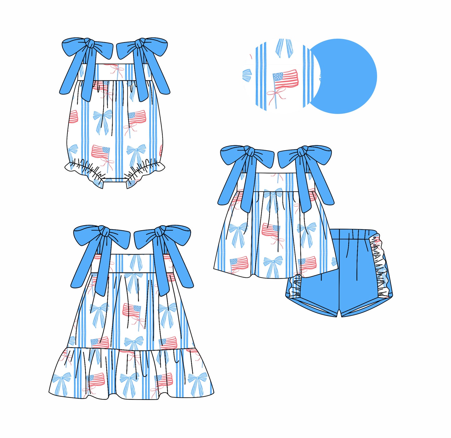 3.15 custom each style moq 5eta 4-6week Sibling Sisters bow flag baby girl short sleeve shorts sets and dress and rompers match family design