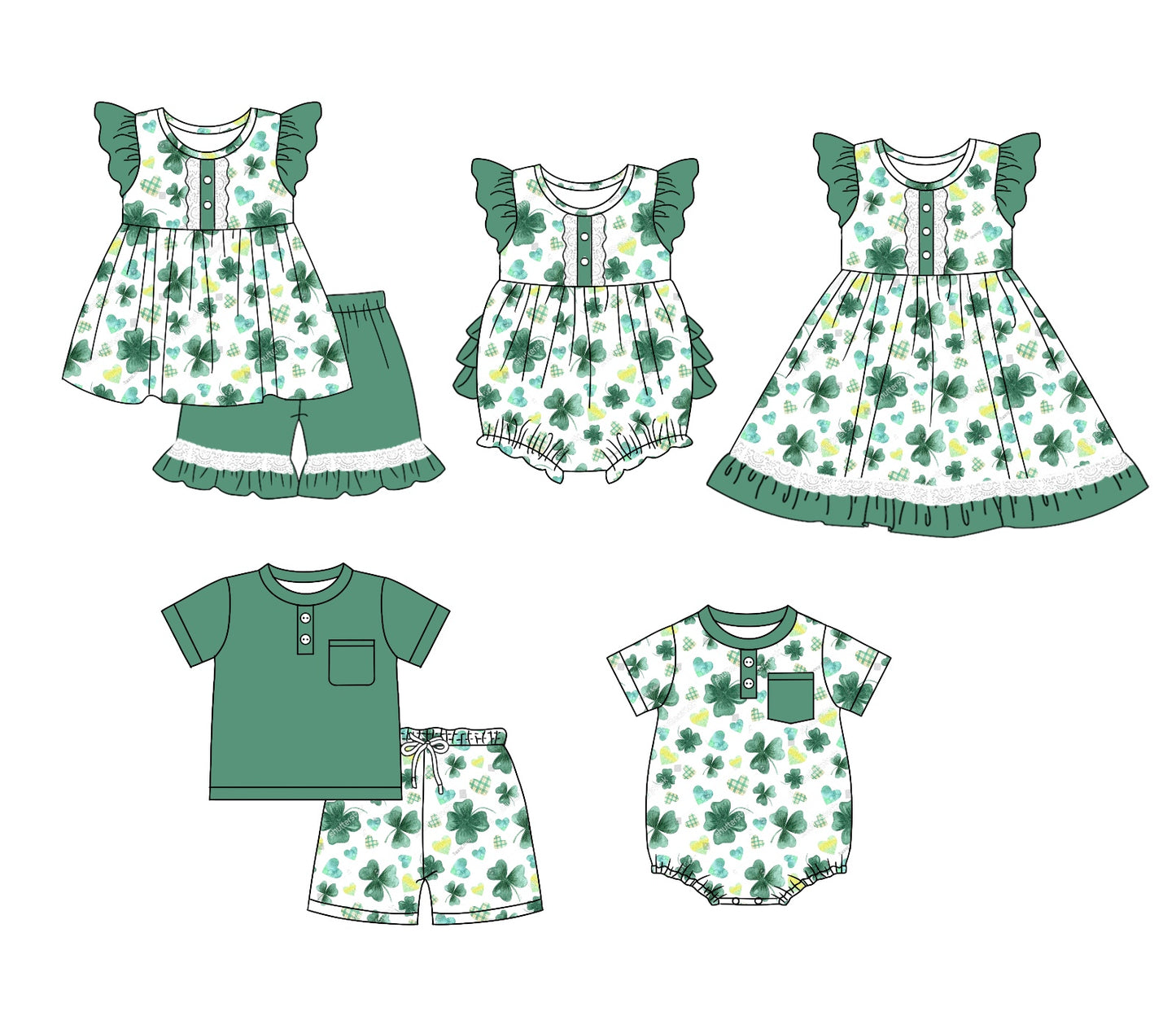 11.9 custom each style moq 5eta 4-6week Sibling Sister green baby girl short sleeve shorts sets 1 and sets 2 and girls romper and boy romper and dress match design