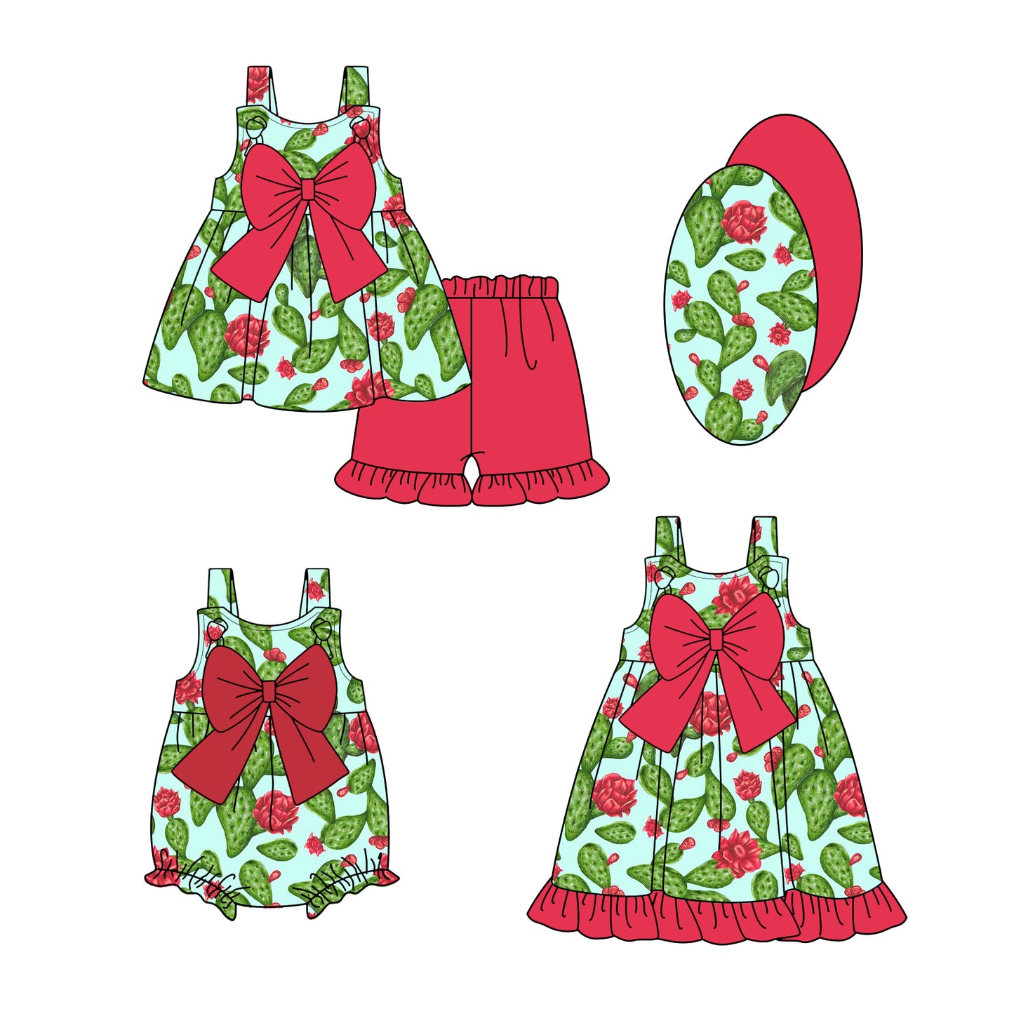 3.3 custom each style moq 5eta 4-6week Sibling Sister catcus baby girl short sleeve shorts sets and dress and rompers match family design