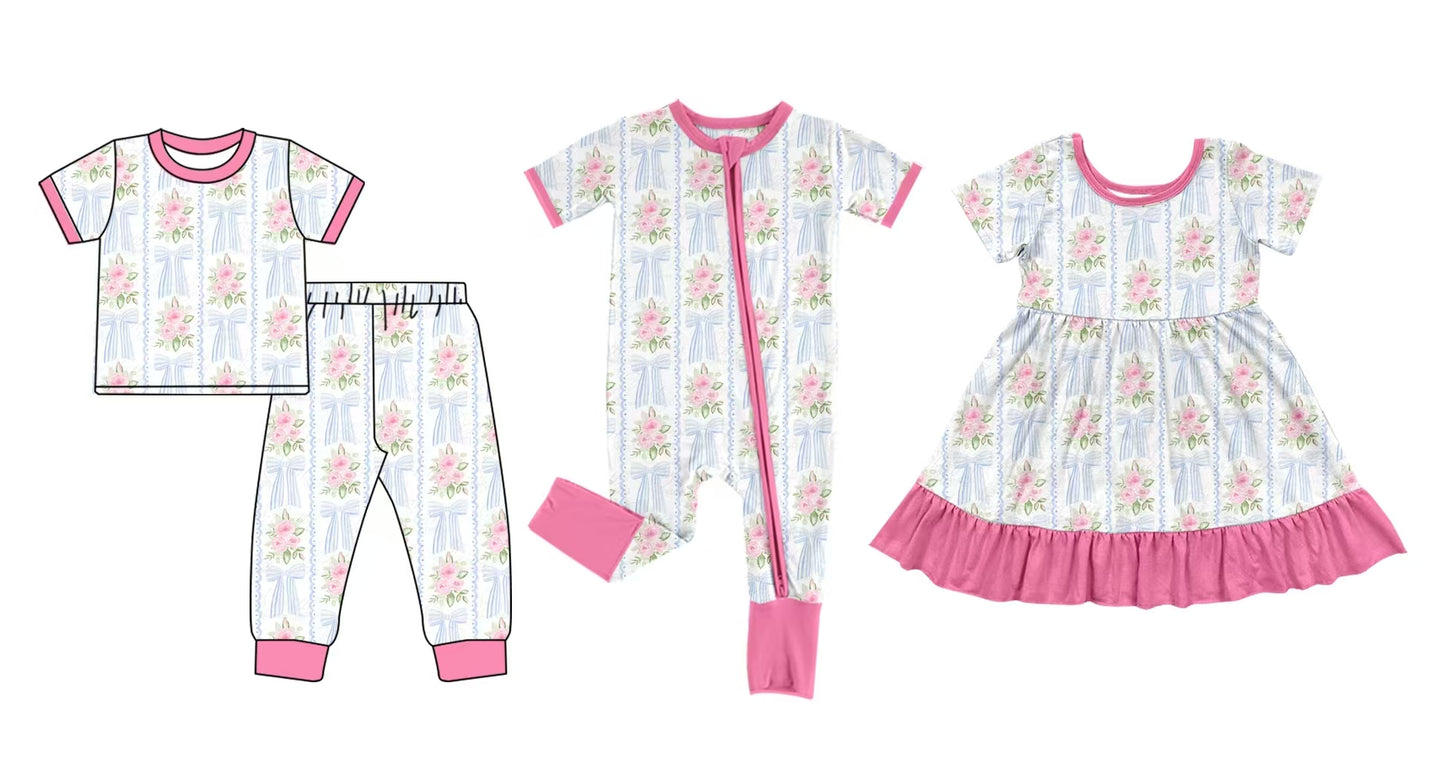 12.5 custom each style moq 5eta 4-6week Sibling Sister bow floral baby girl sets and dress and rompers match family design