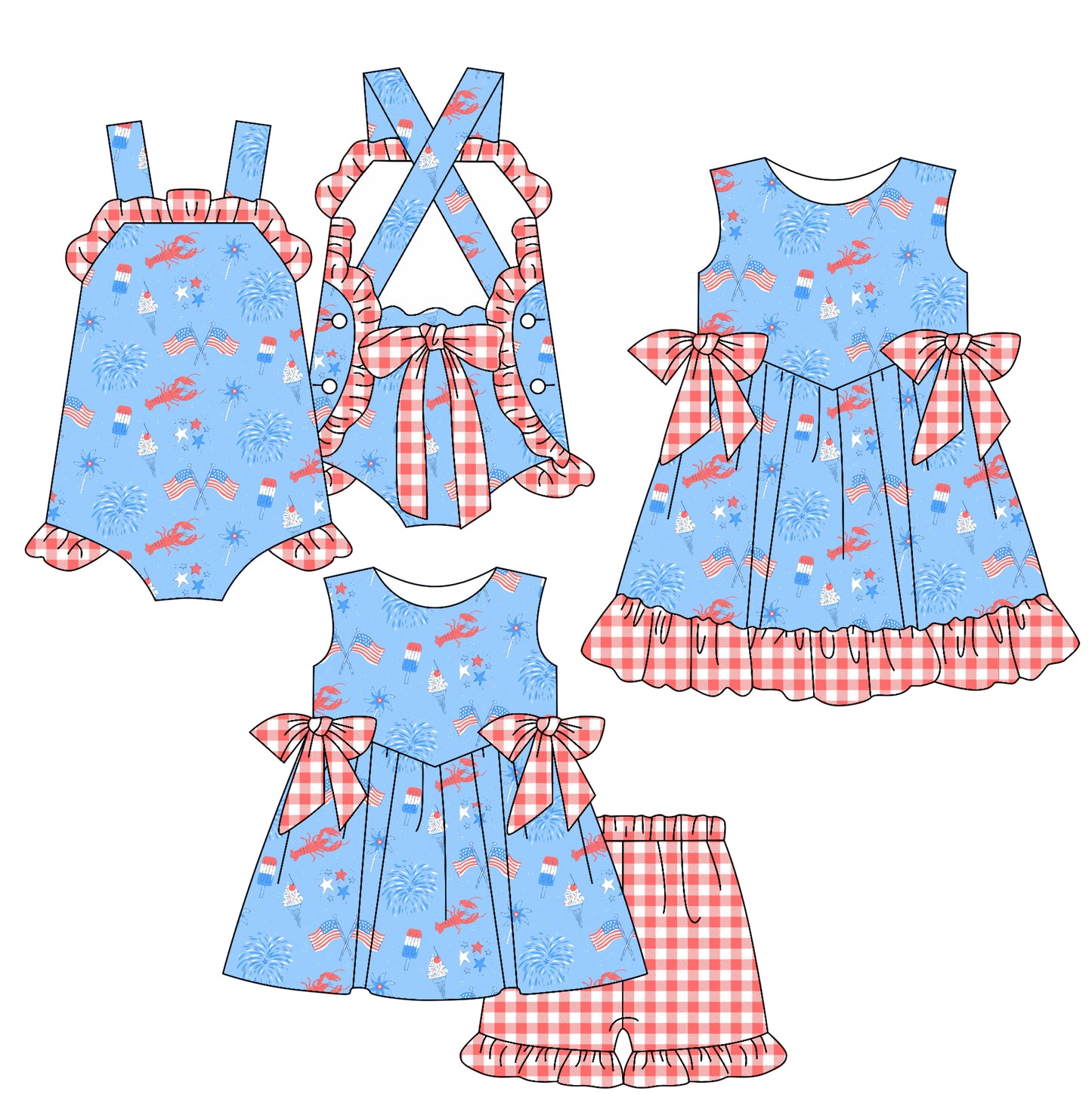 2.18 custom each style moq 5eta 4-6week Sibling Sisters 4th of july baby girl short sleeve shorts sets and dress and rompers match family design