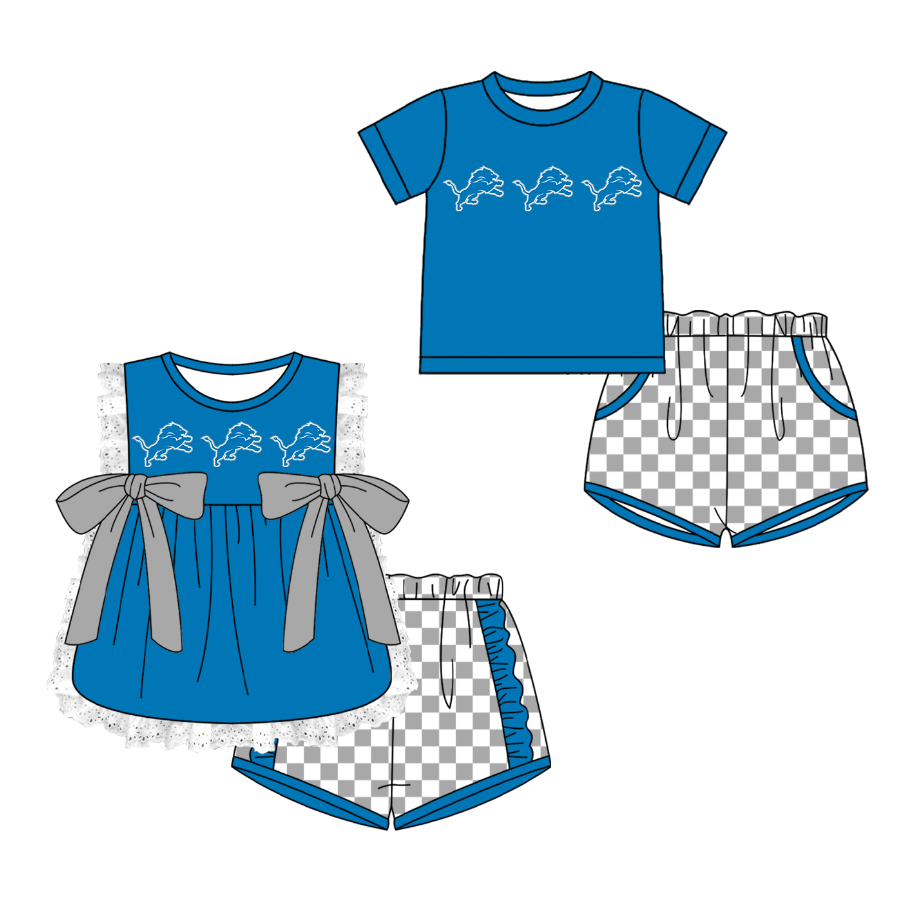 Custom moq 5 mix size milk silk summer teams Blue Girl Sleeveless Top And Plaid Shorts Set with Bow Boy Short Sleeved Top And Plaid Shorts Set
