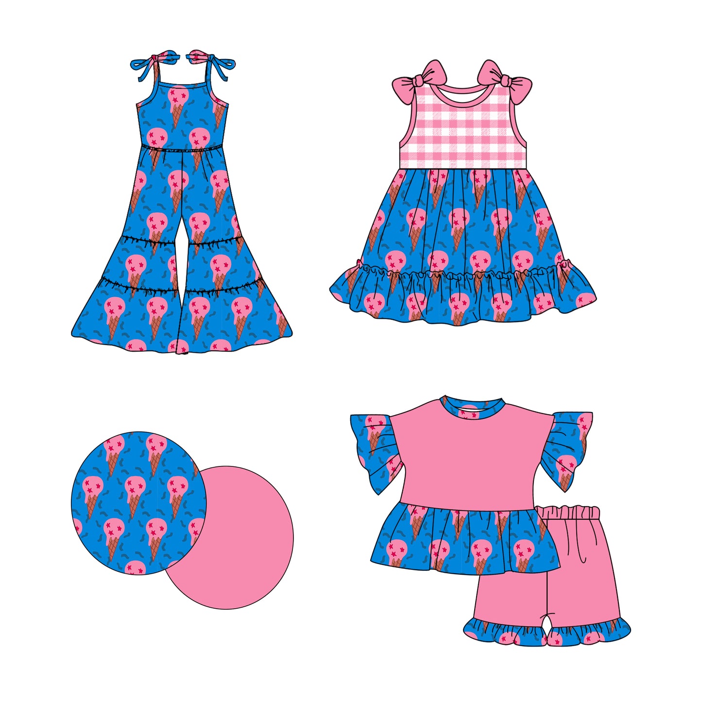 2.28 custom each style moq 5eta 4-6week Sibling Sister ice cream baby girl sets and dress and jumpsuit match family design