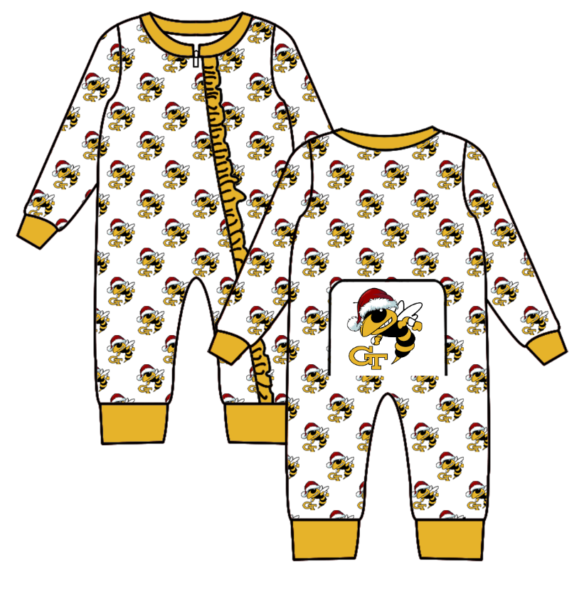 Custom moq 5 eta 6-8weeks Santa Hat Bee Yellow Team Long Sleeve Girls Romper
