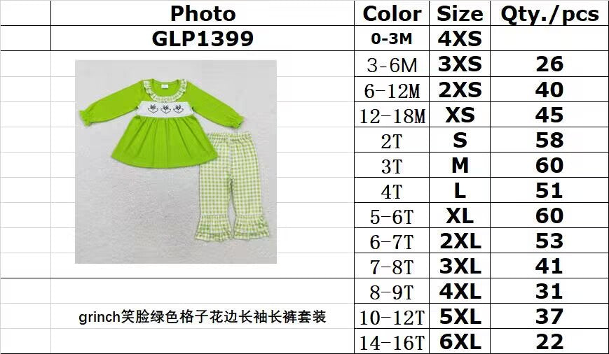 rts no moq GLP1399 girls green plaid long-sleeved trousers set