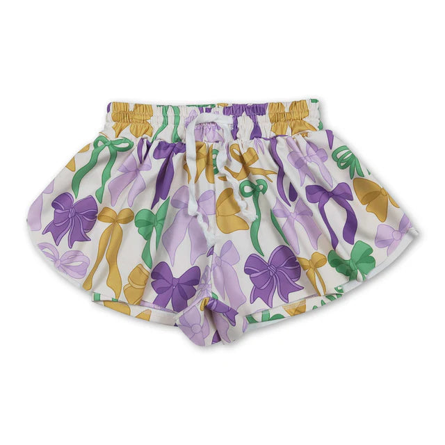 RTS NO MOQ Sibling Baby Girls Mardigras Bows Yoga Active Shorts Bottoms