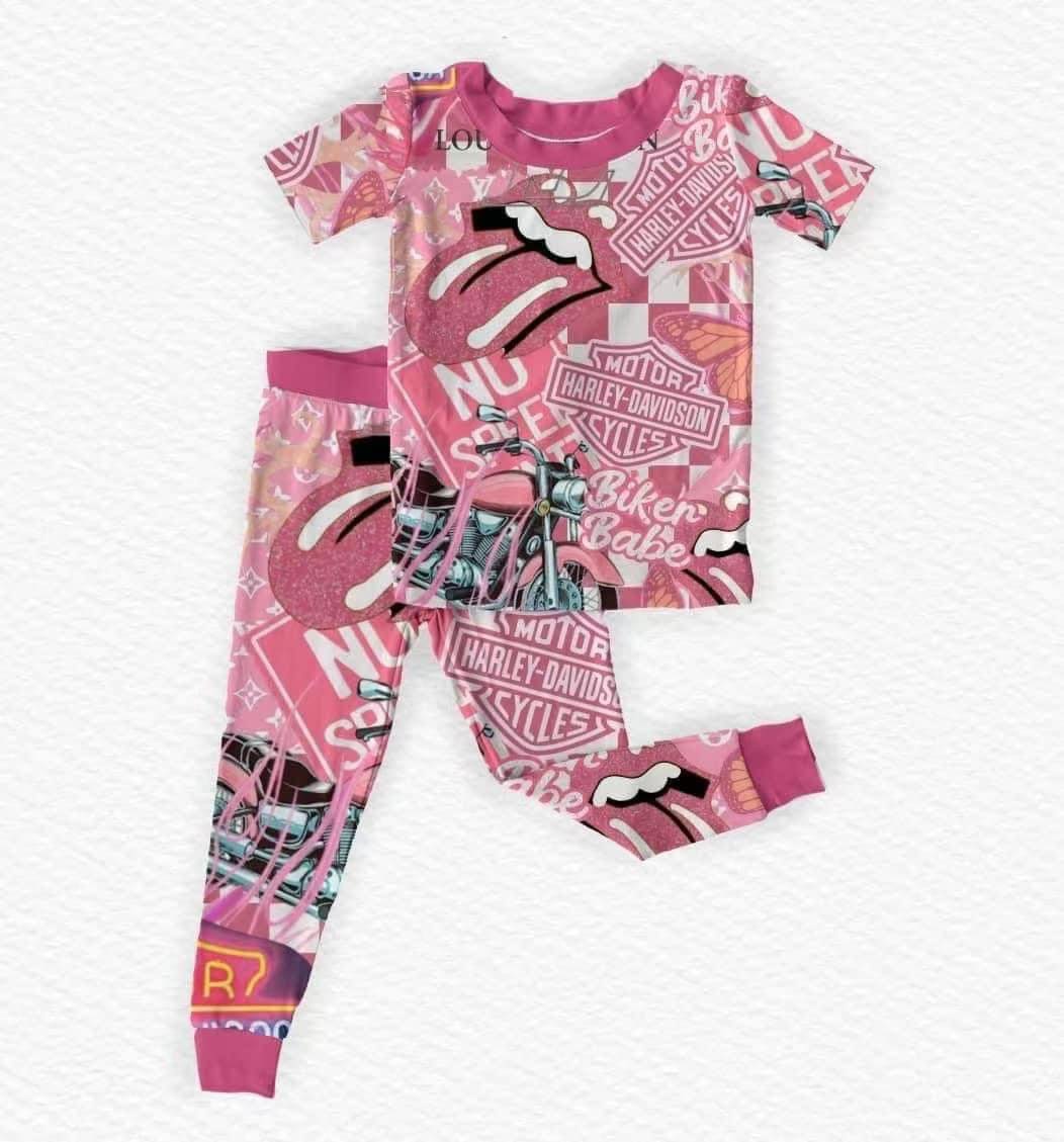 girls short sleeve long pants motor print
