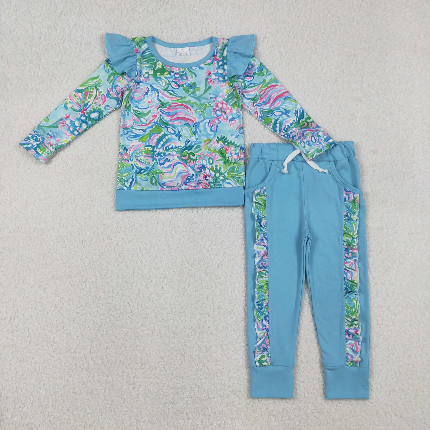 RTS NO MOQ(In Stock) Seaweed Pattern Long-Sleeved Lace Blue Trousers Suit