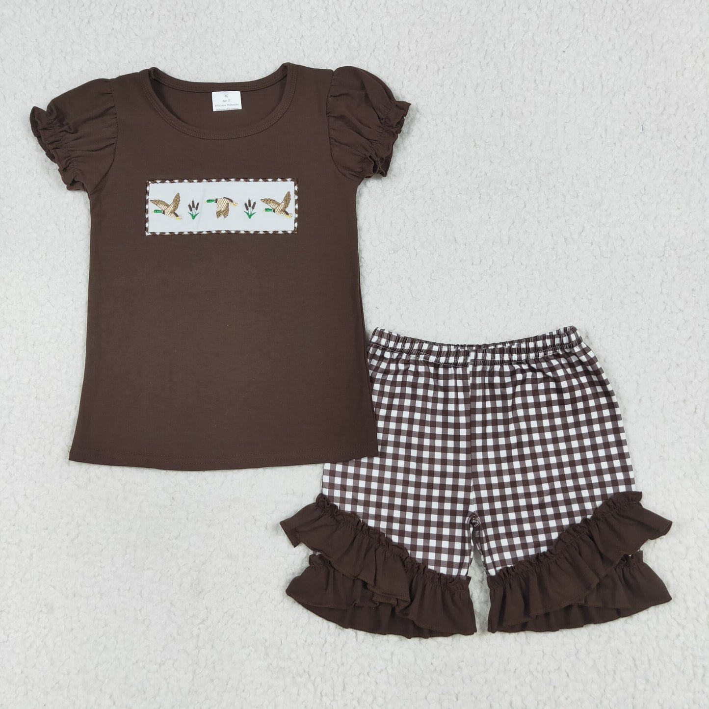 RTS NO MOQ(In Stock) Embroidered duck brown short sleeve lace plaid shorts set