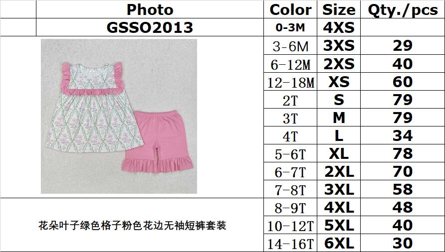 RTS NO MOQ ETA 5/7days Arrived GSSO2013 Flower Leaf Green Plaid Pink Lace Sleeveless Shorts Set