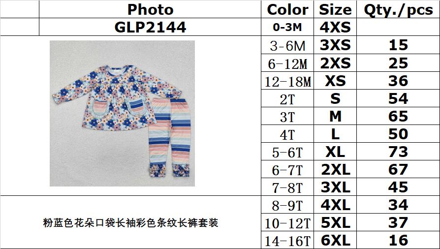 RTS NO MOQ ETA 5/7days Arrived GLP2144 Powder blue flower pocket long-sleeved colorful striped trousers set