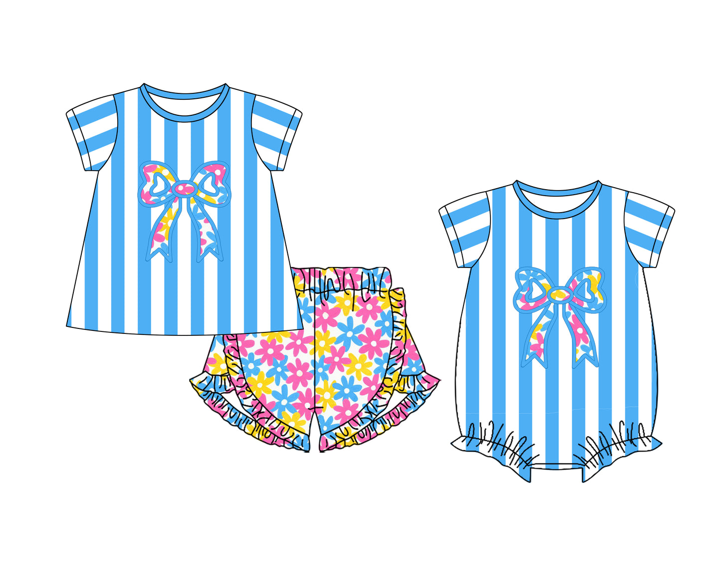25.11.6 custom each style moq 5 eta 6-8 week Sibling Sister bow floral blue baby girl short sleeve shorts sets and rompers match family design
