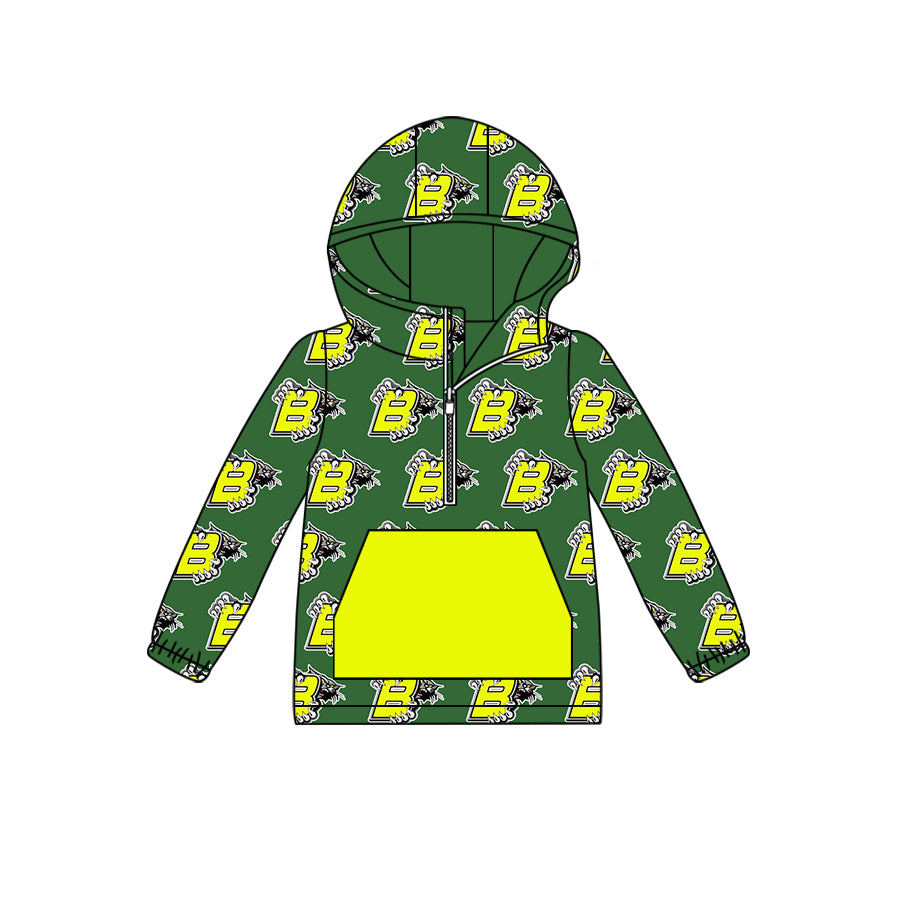 custom moq 3 eta 6-7weeks Green and yellow lettering long sleeve zipper pocket hoodie