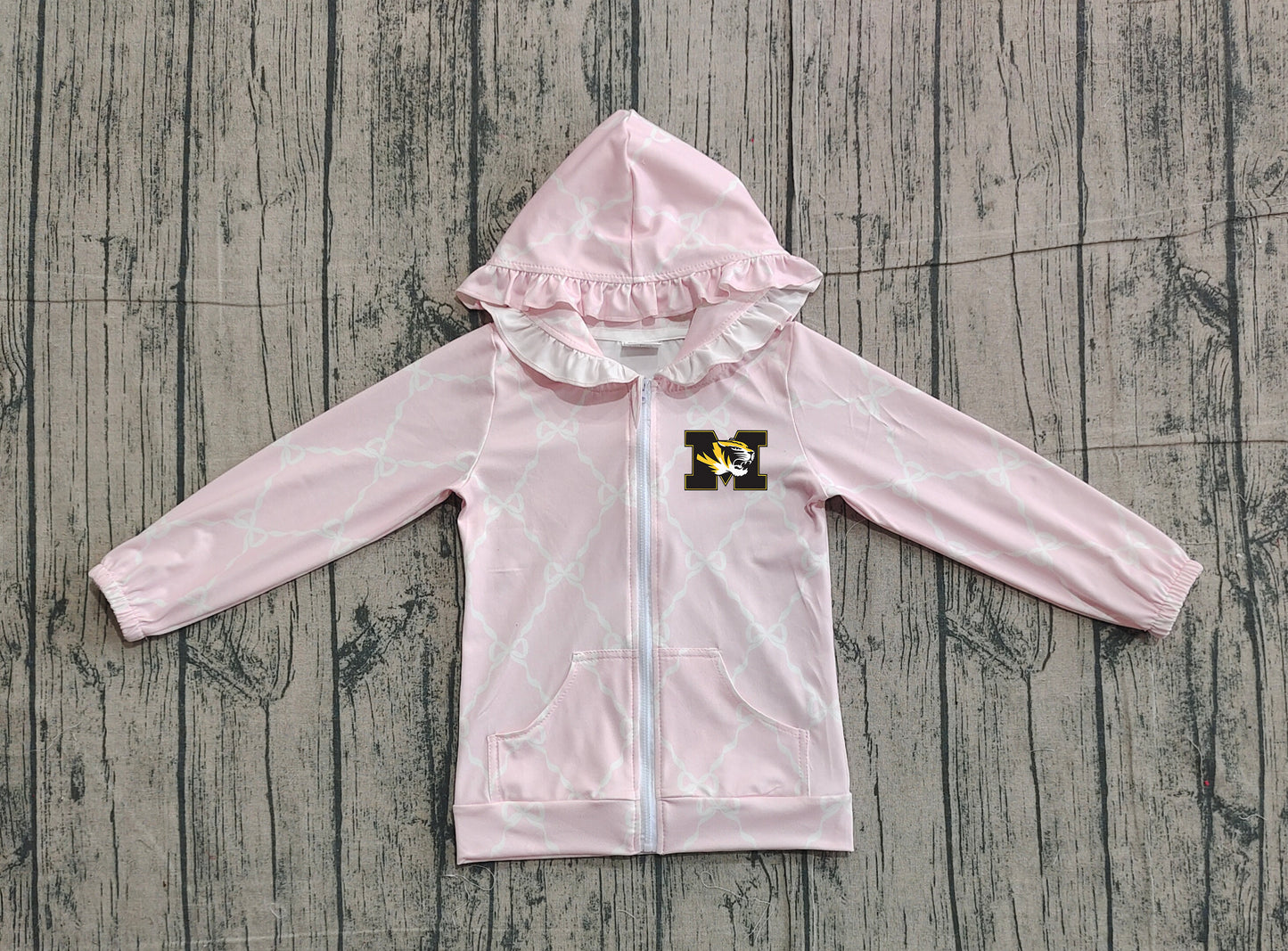 Custom moq 5 mix size milk silk baby girls clothes team summer lace bow pink zipper hooded long sleeve top-25.11.22