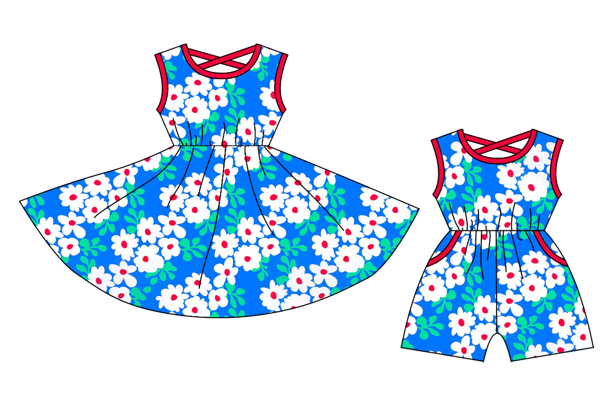 3.22 custom each style moq 5eta 4-6week Sibling Sister floral baby girl short sleeve dresses and jumpsuit match design