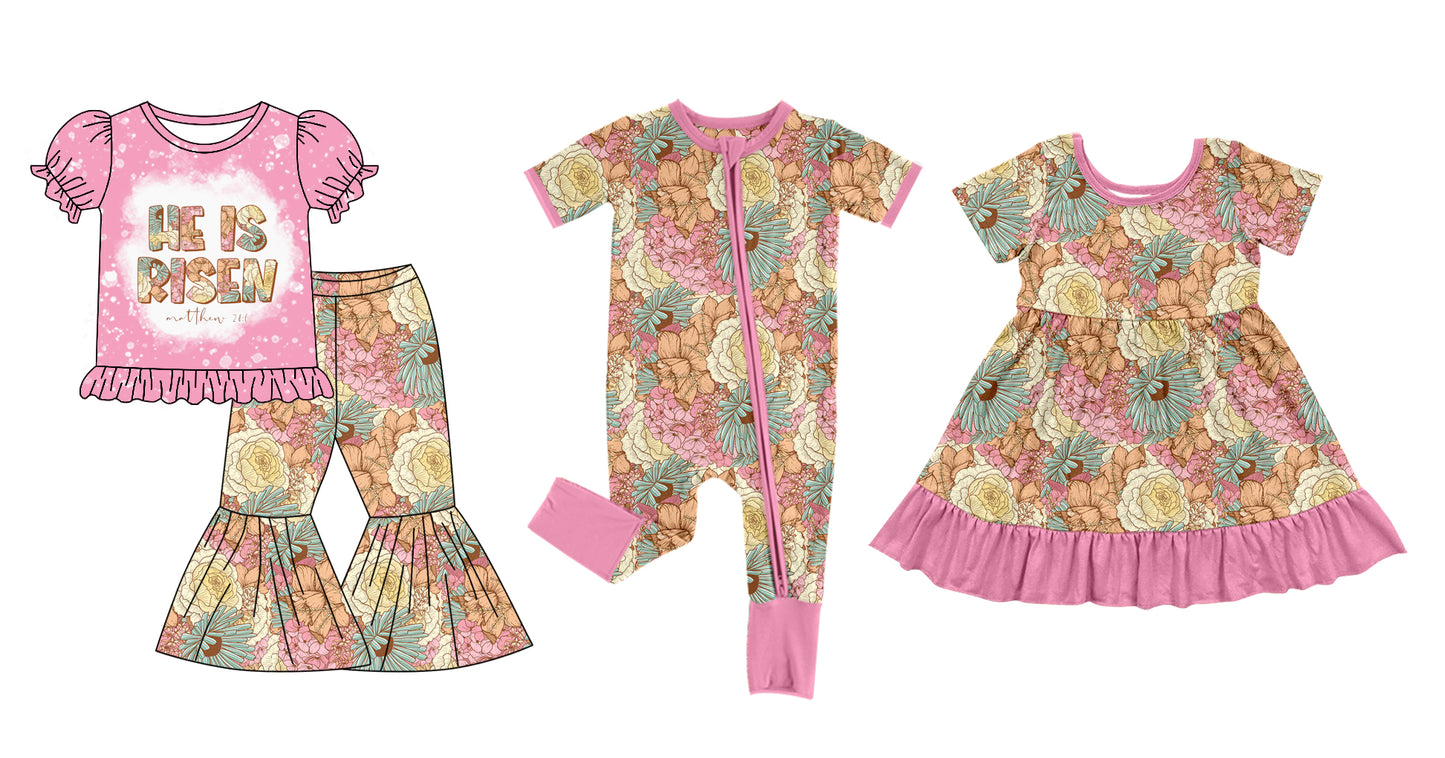 12.12 custom each style moq 5eta 4-6week Sibling Sister floral baby girl sets and dress and rompers match family design