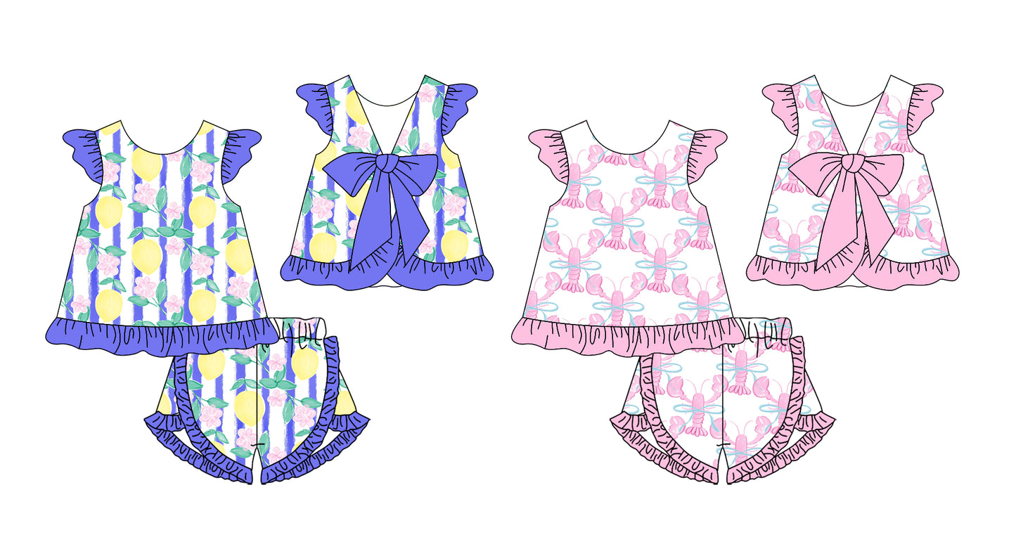 12.25 custom each style moq 5eta 4-6week Sibling Sister fruit lemon baby girls short sleeve shorts sets 1 and sets 2 match design
