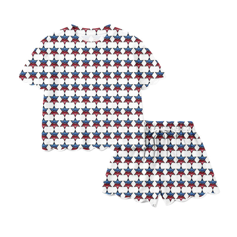 Custom moq 5 mix size Baby Girls Red Blue Star Print White Short-Sleeved Top And Shorts 4th of July Set Cute Outfit for Little Ones