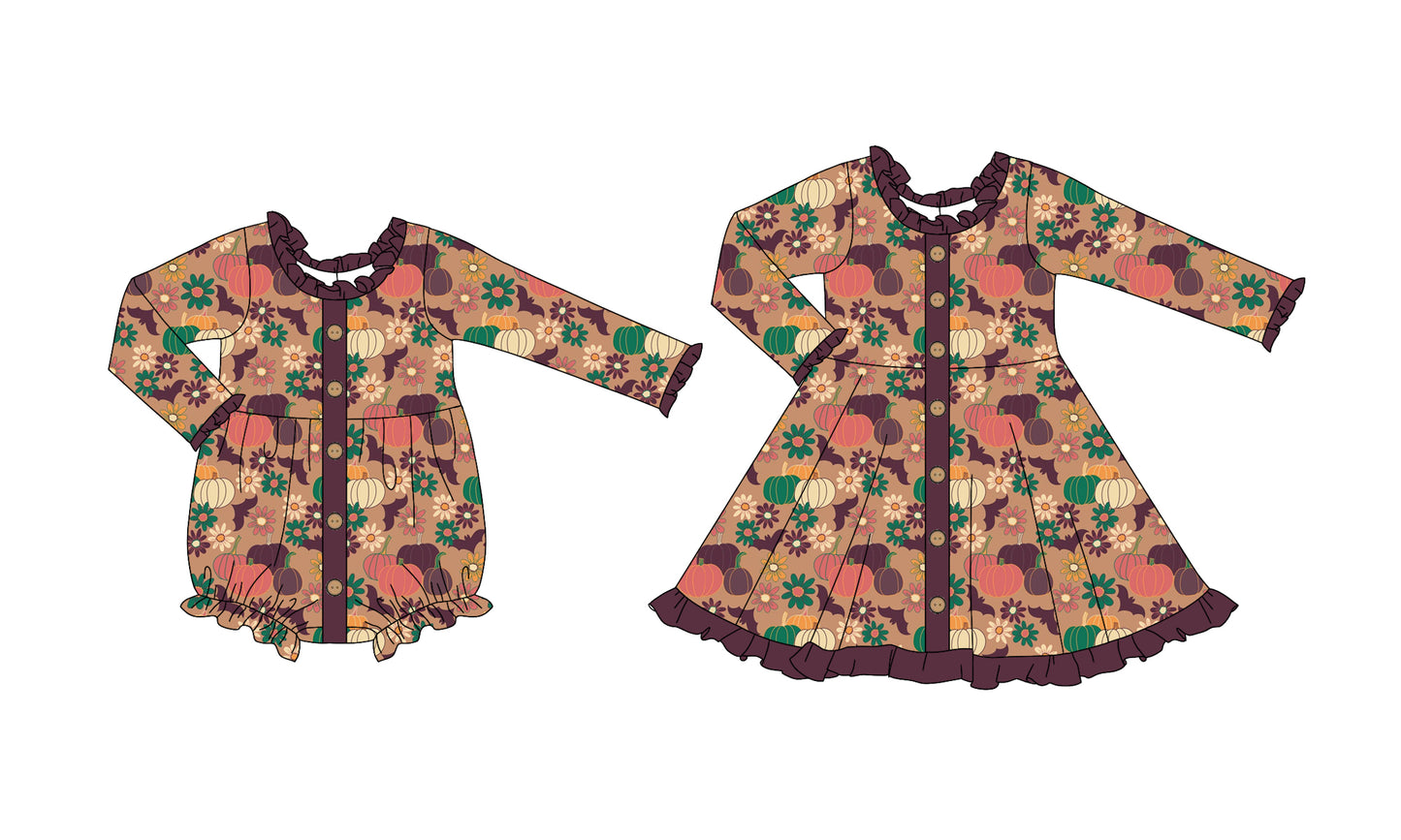 25.6.2 custom each style moq 5eta 4-6week Sibling Sisters pumpkin floral baby girl long sleeve dress and rompers match family design