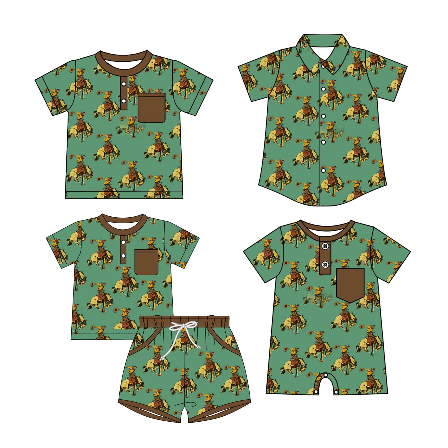 25.10.22 custom each style moq 5 eta 6-8 week Sibling Sister riding horse baby boy short sleeve shorts sets and boy rompers and top 2 match family design