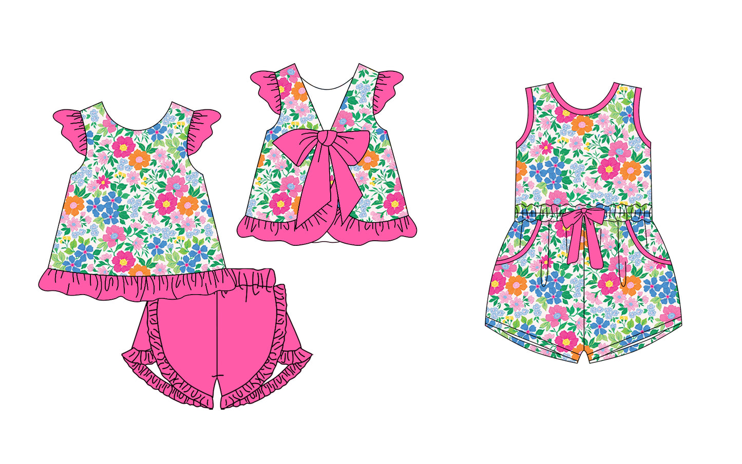 25.11.15 custom each style moq 5 eta 6-8week Sibling Sister floral baby short sleeve shorts sets and jumpsuit match design