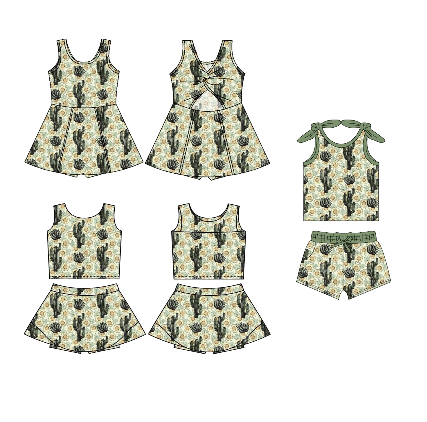 3.25 custom each style moq 5eta 4-6week Sibling Sister catcus baby girls clothes Short sleeve shorts sets and yoga dress 1 and dress 2 match family design