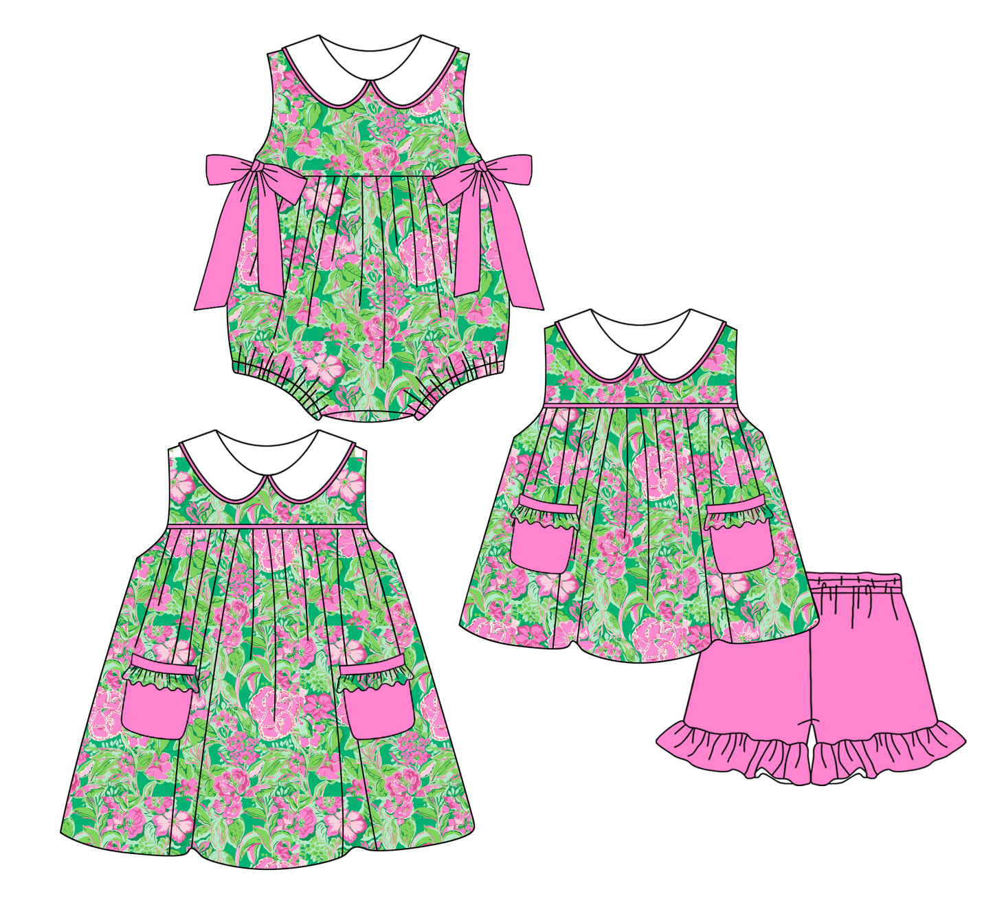3.6 custom each style moq 5eta 4-6week Sibling Sisters floral baby girl short sleeve shorts sets and dress and rompers match family design