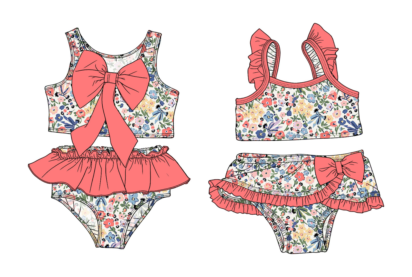 3.14 Custom moq 5 mix size Sibling Baby Girls Sleeveless Colorful Flowers Top With Bow Bummies Two-Piece Set Infant Swimwear