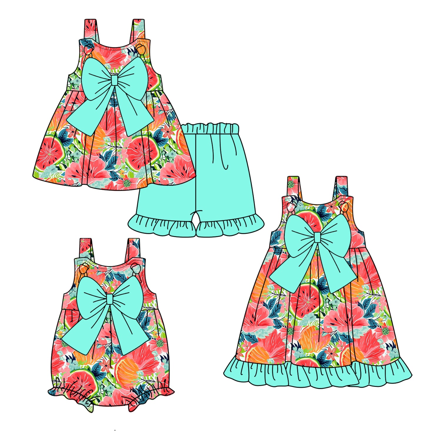 2.20 custom each style moq 5eta 4-6week Sibling Sisters watermelon baby girl short sleeve shorts sets and dress and rompers match family design