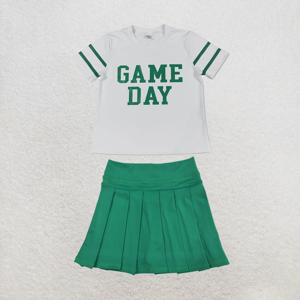 RTS NO MOQ Sibling yoga fabric Baby Girls Vinyl Green Game Day Print Top Matching Shorts Two Piece Team Active Clothes Set